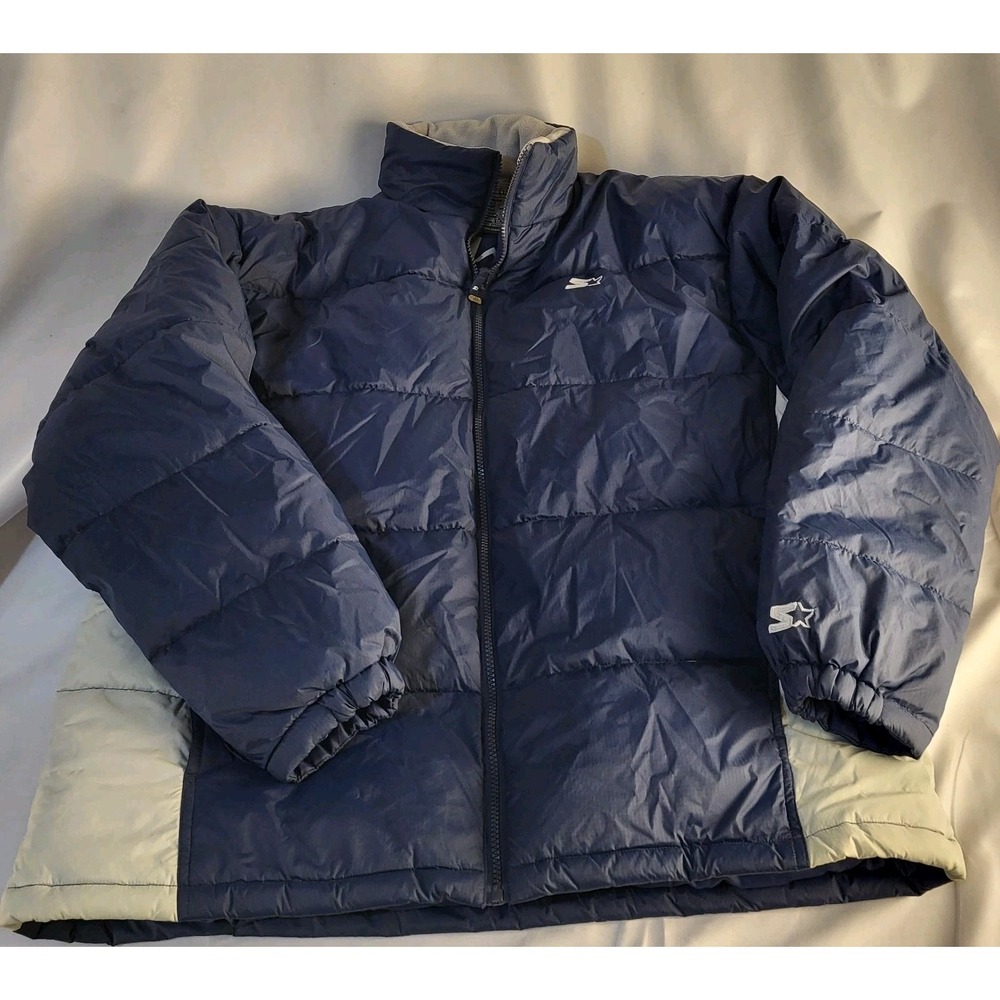 Vtg Starter Mens L Down Full Zip Winter Jacket Coat Navy White 2 Pockets